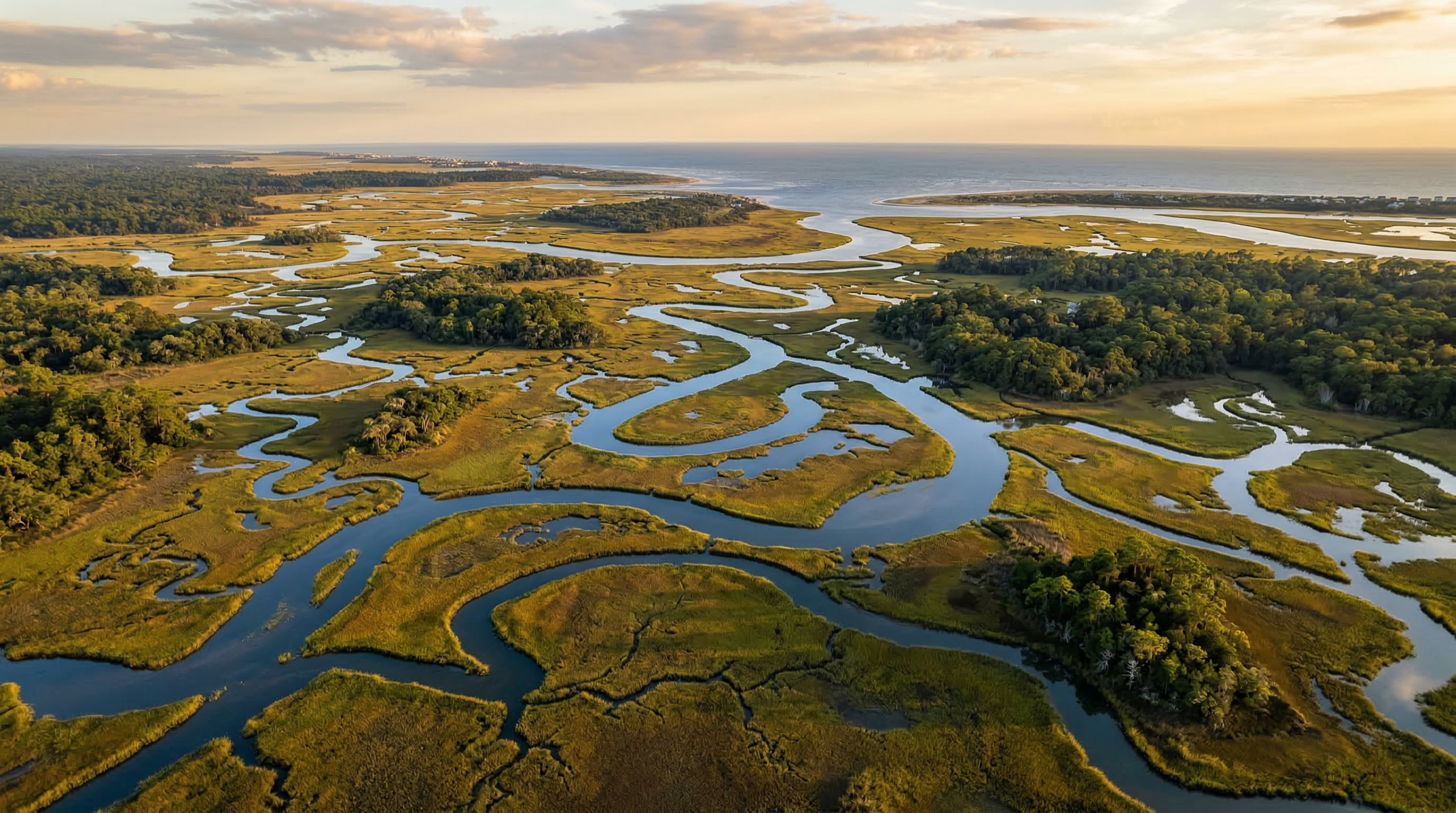 Aerial view of ACE Basin estuary with winding tidal creeks through marsh