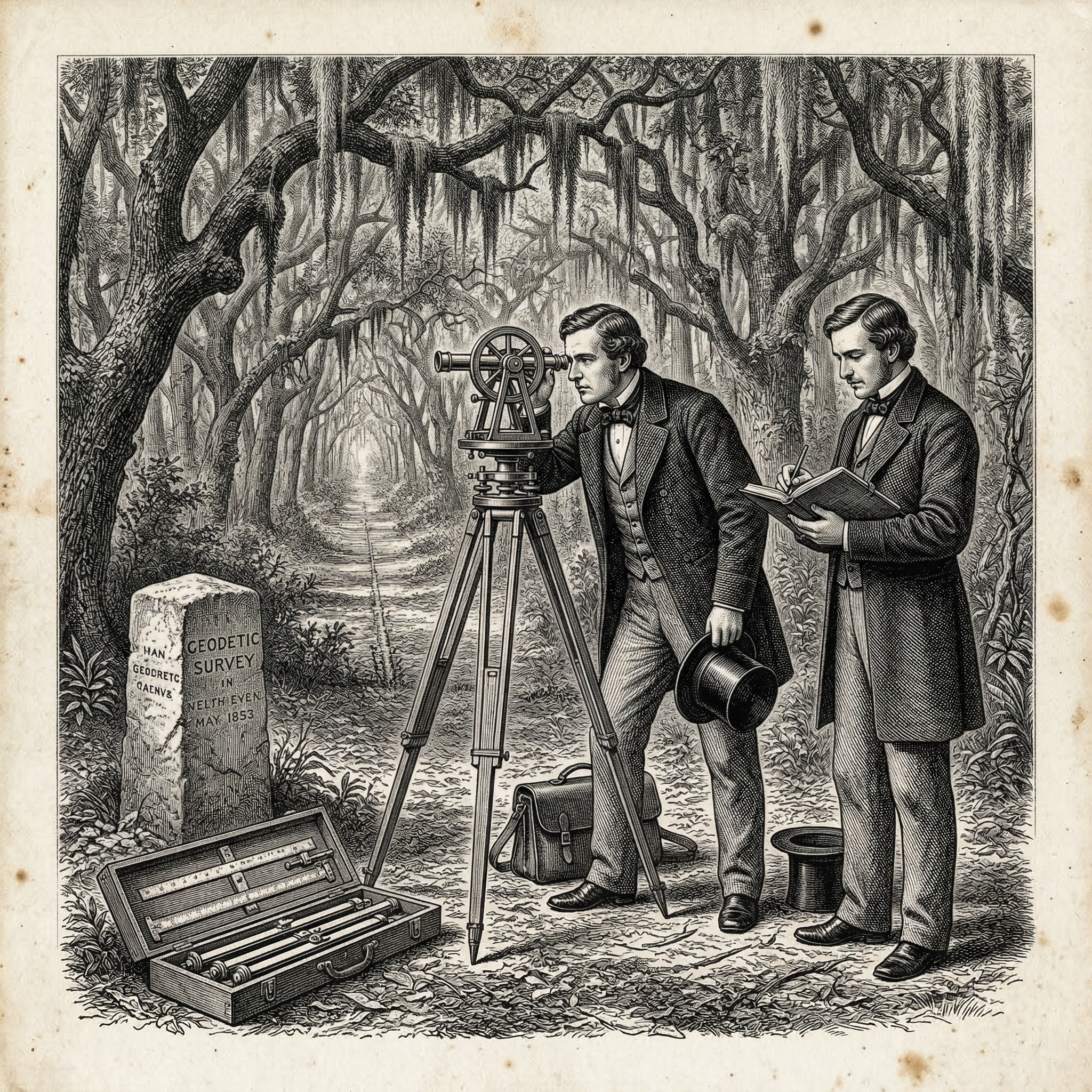 Sepia woodcut engraving of a geodetic survey monument in a live oak forest with Spanish moss, two 1800s surveyors working with theodolite instruments