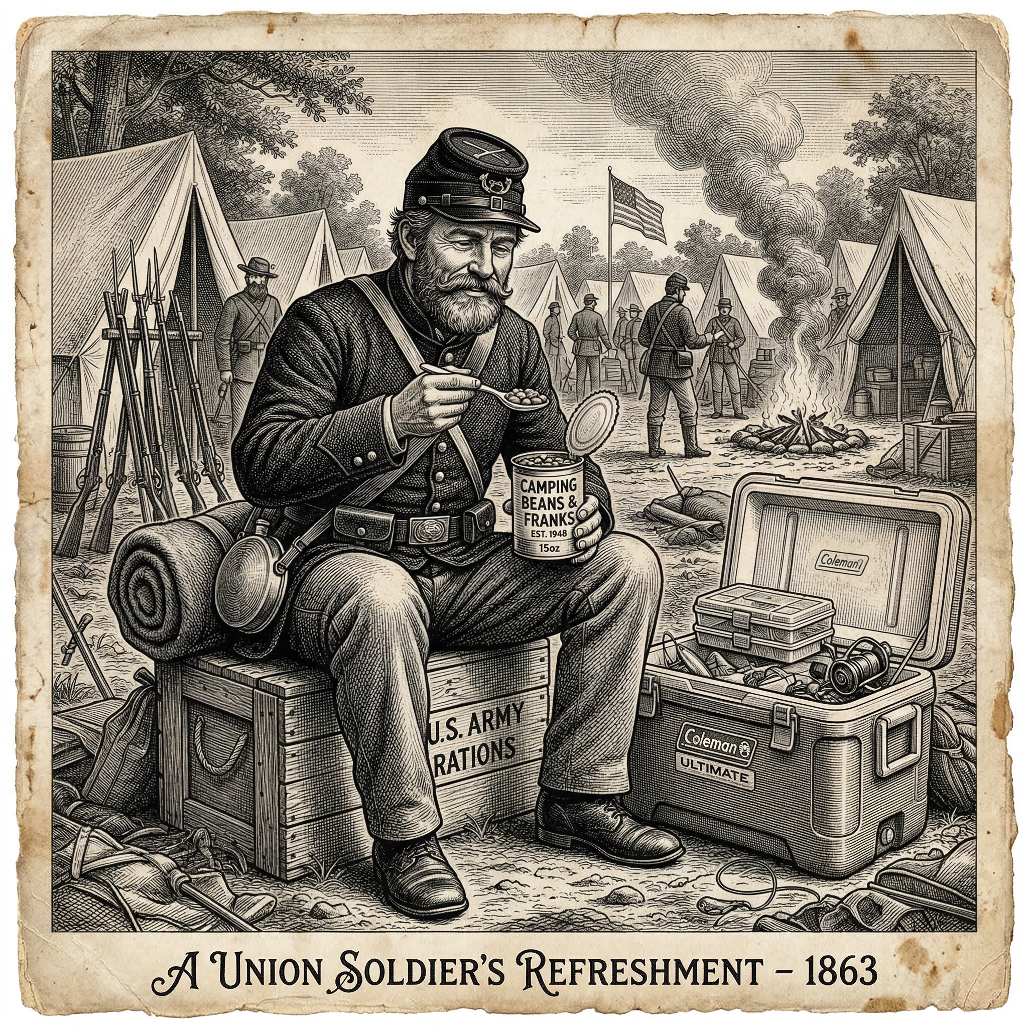 Sepia woodcut engraving of a Union Civil War soldier eating Van Camp's Beanee Weenee from a modern can with a plastic spoon, a cooler open beside him at camp