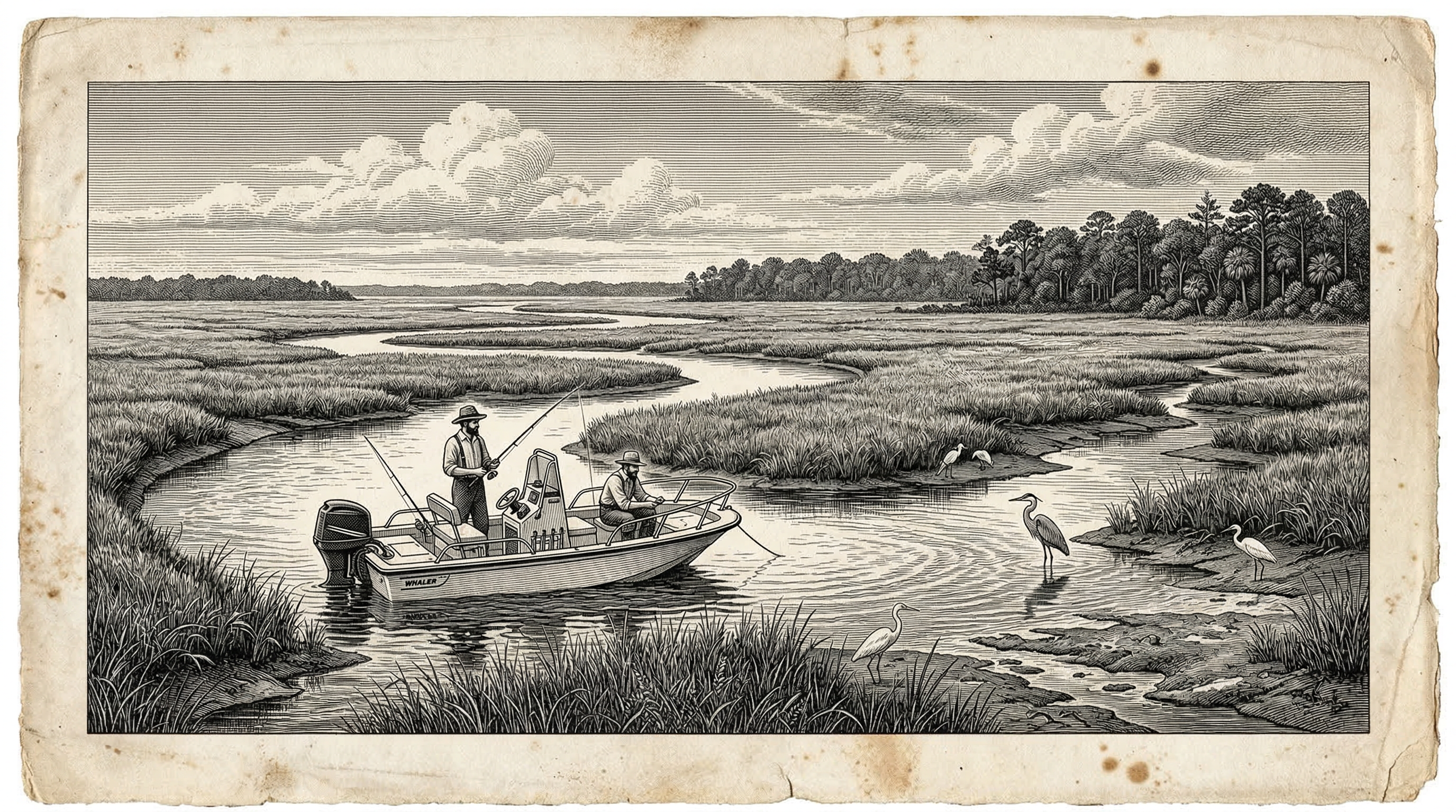 Sepia woodcut engraving panoramic view of the ACE Basin estuary with a Boston Whaler anchored in a tidal creek