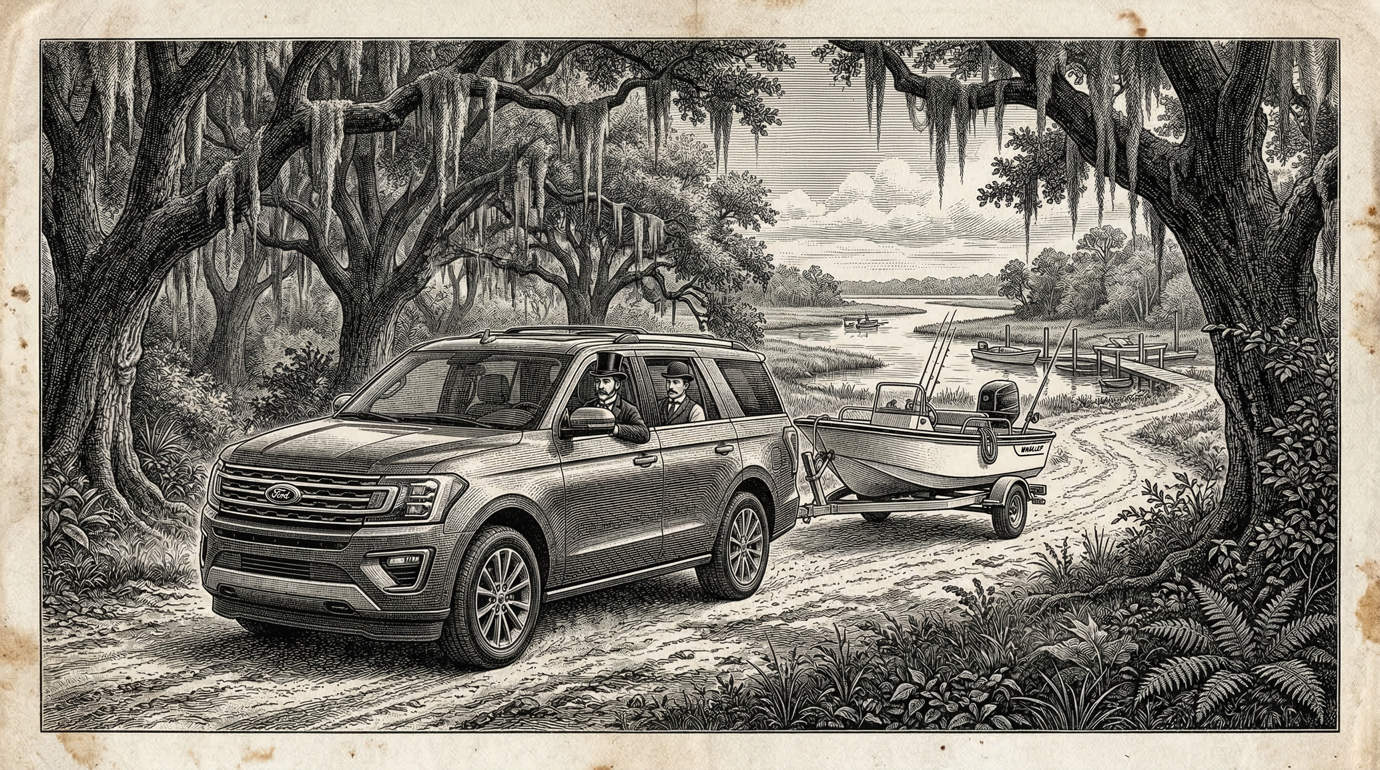 Sepia woodcut engraving of a Ford Expedition towing a Boston Whaler down a live oak canopy road toward Live Oak Landing