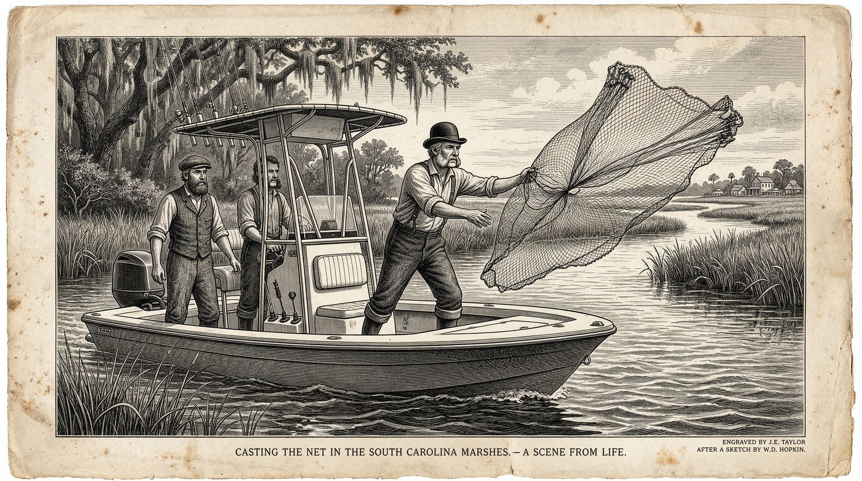 Victorian steel engraving of 1850s fishermen casting nets from a modern center-console boat in a South Carolina tidal marsh creek