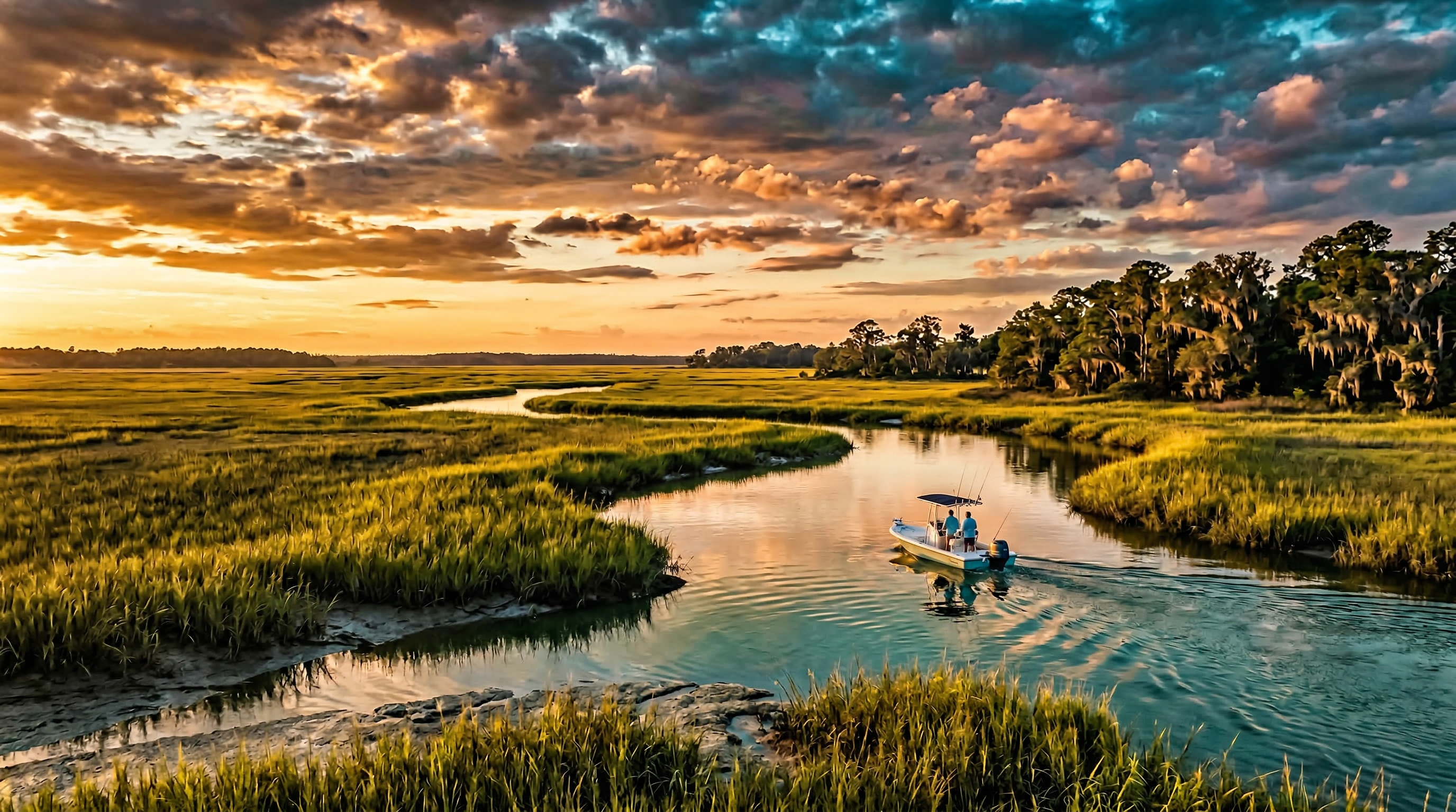 Lowcountry salt marsh at sunset with a fishing boat on the water