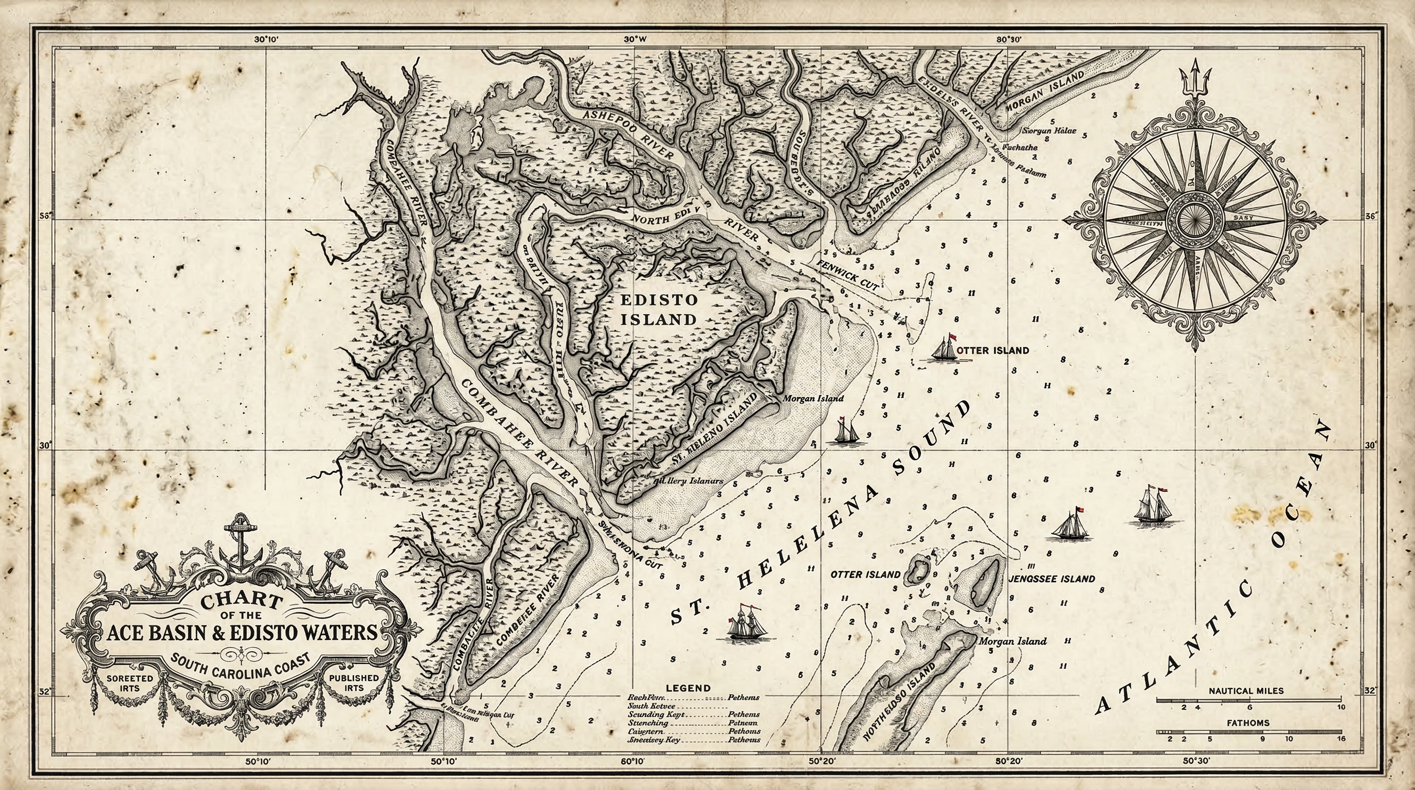 Sepia-toned Admiralty chart of the South Carolina coast showing channels, depths, and island features