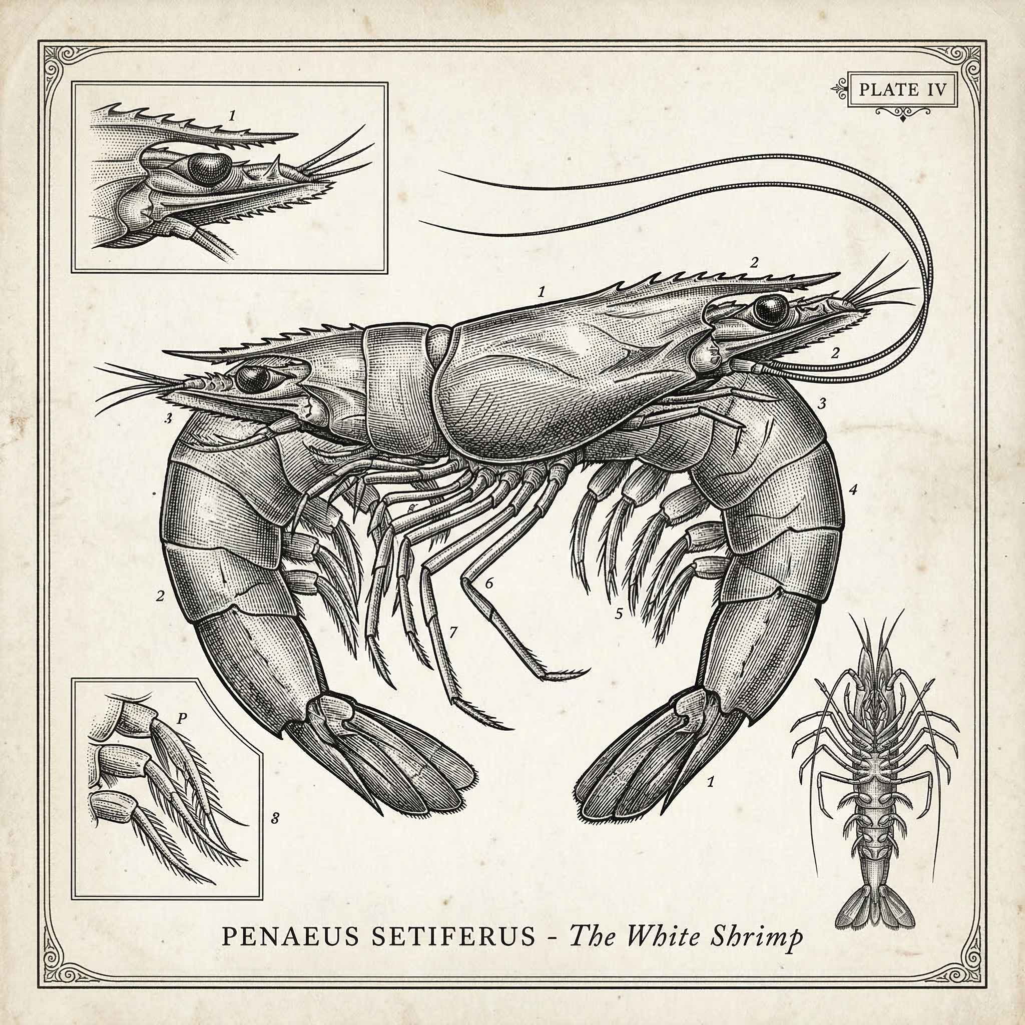 Sepia woodcut illustration of white shrimp (Penaeus setiferus) showing detailed anatomical views