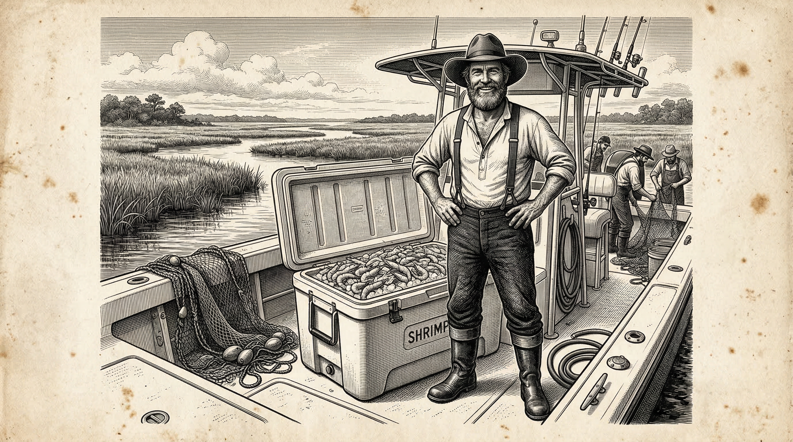 Sepia woodcut engraving of a proud shrimper standing behind an open cooler full of fresh caught white shrimp on a boat