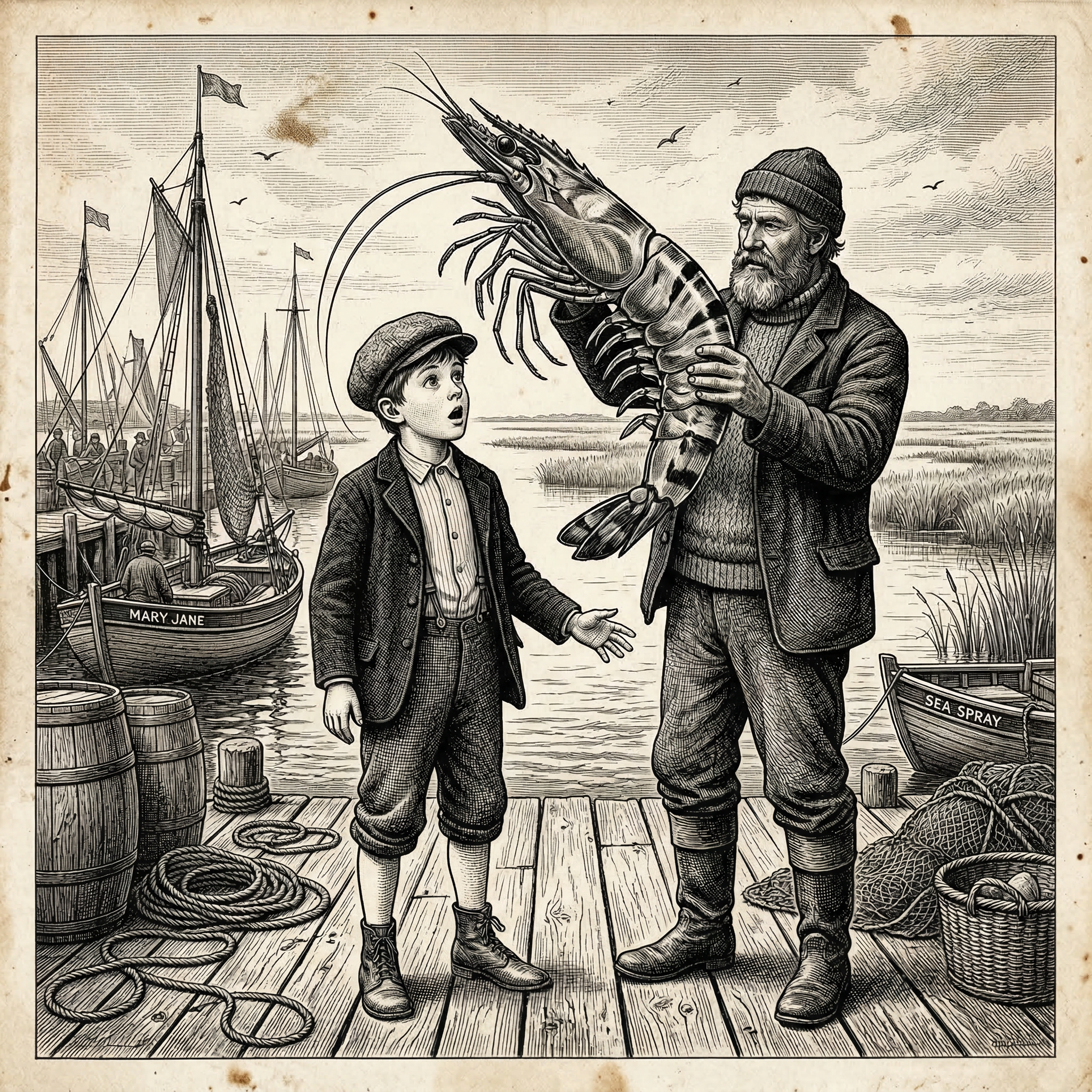 Sepia woodcut engraving of a Victorian boy gazing up in awe at an enormous Asian tiger shrimp towering over him on a ship deck
